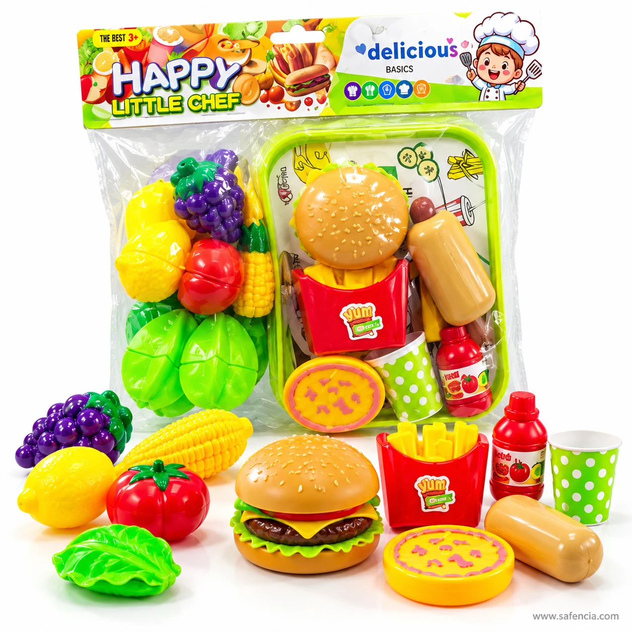 Toy burger, fries, ketchup bottle, cup and mini pizza served beside grapes, lemon, corn and apple from the set