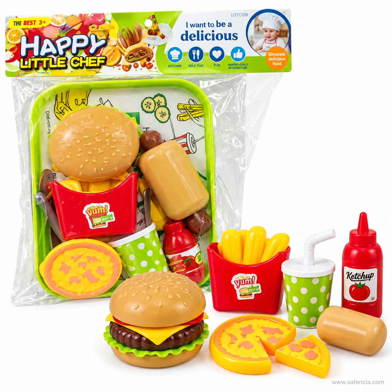Mini pizza with a velcro slice cut out beside the toy burger, fries, cup and ketchup bottle from the set