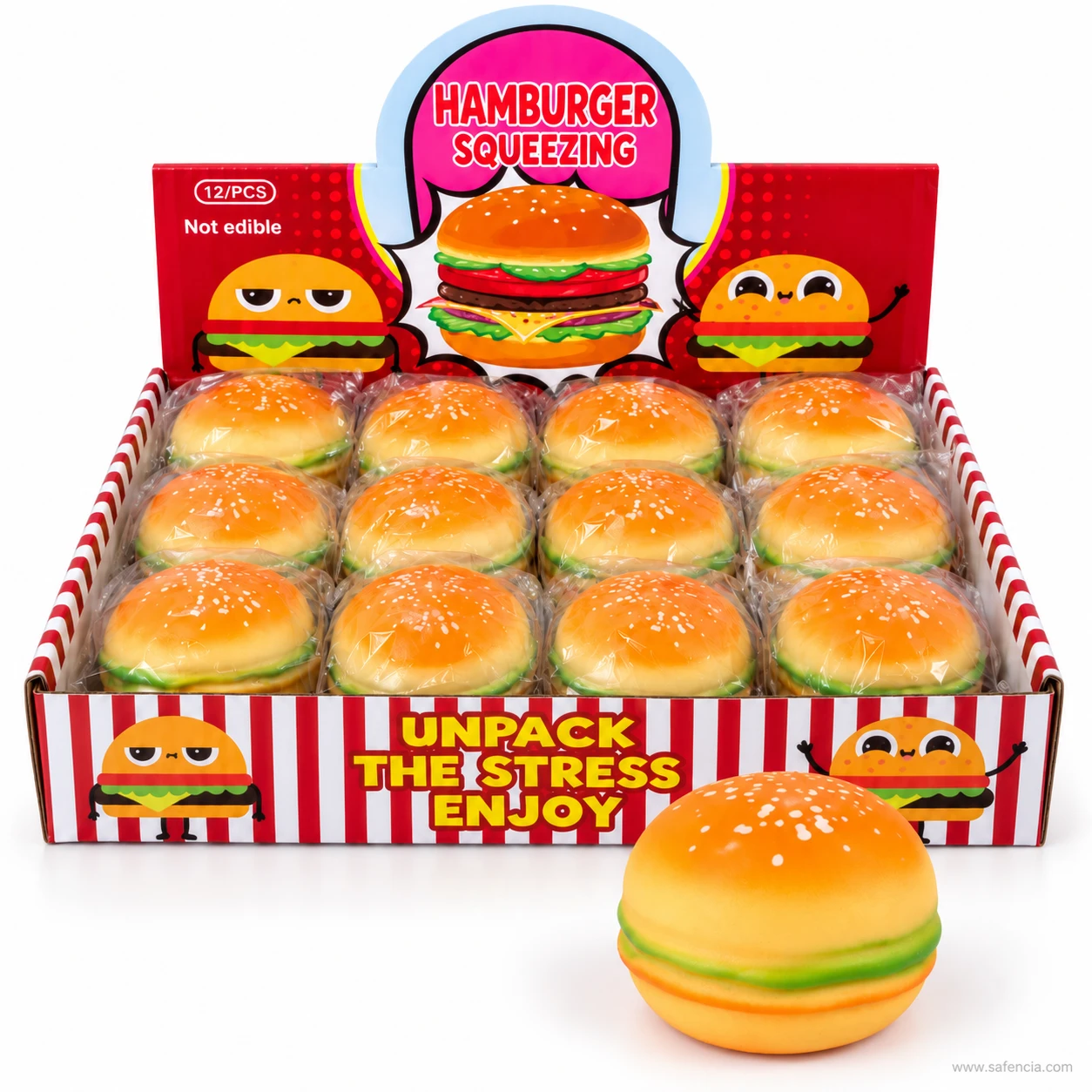 Twelve-piece Hamburger Squeezing display box of wrapped burger squishies marked not edible