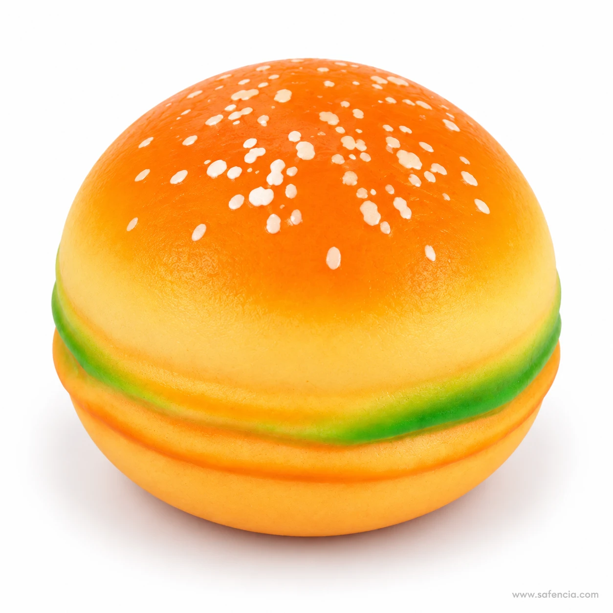 Front view of the burger squishy showing white sesame seeds on its glossy golden top bun