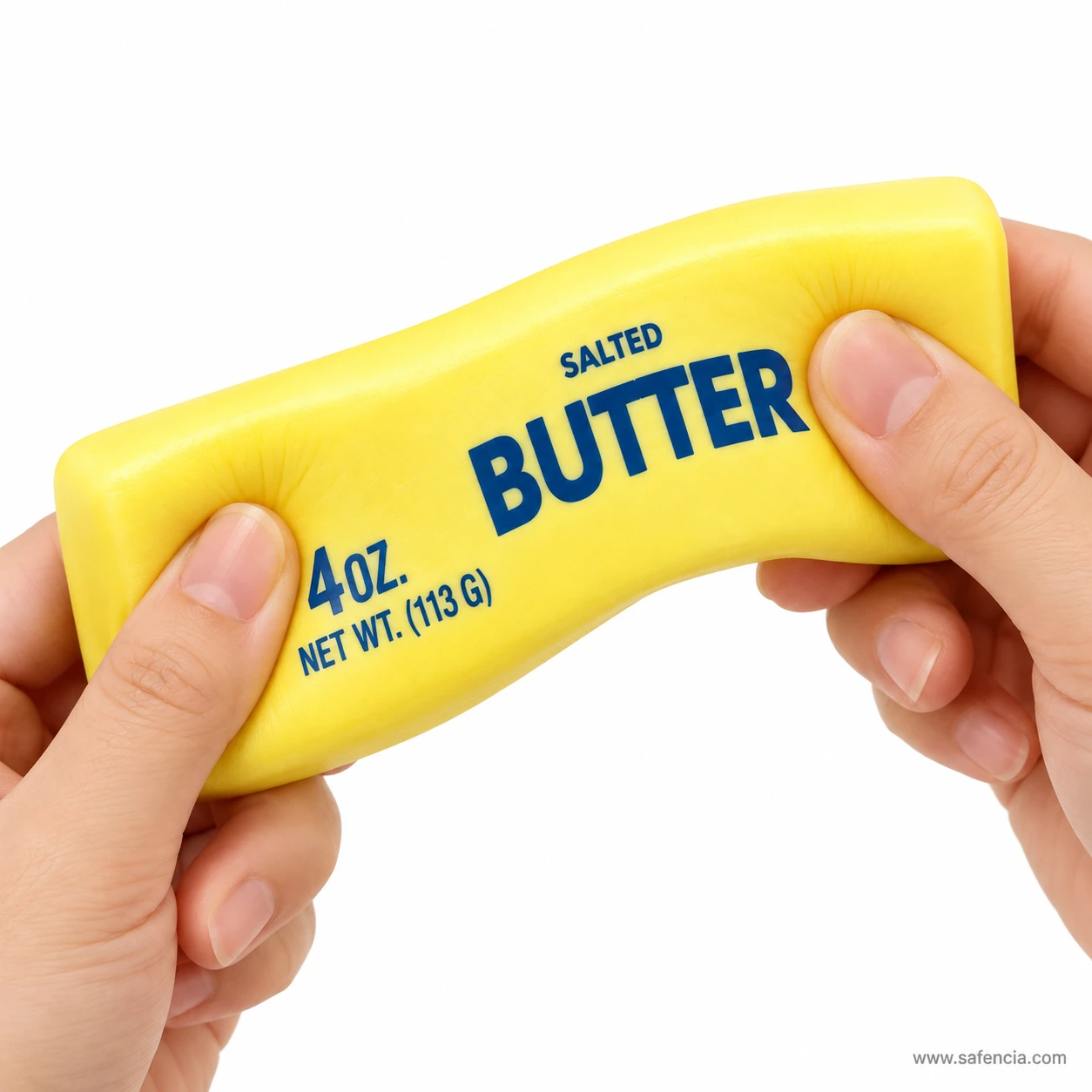 Two hands bending the butter squishy stick into a wave shape to show how flexible the foam is
