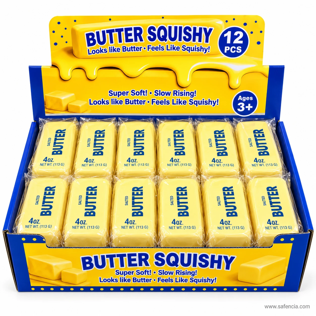 Twelve-piece shop display box of butter squishy sticks, each wrapped, under a Butter Squishy header