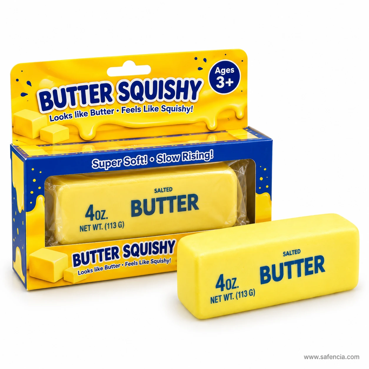 Butter squishy in front of its yellow and blue retail box reading Looks like Butter, Feels Like Squishy