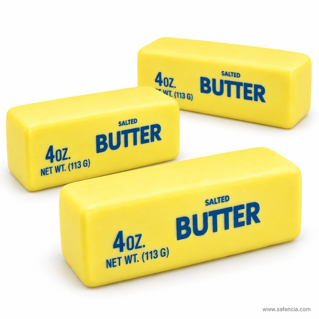 Three identical salted butter squishy sticks arranged on a white background