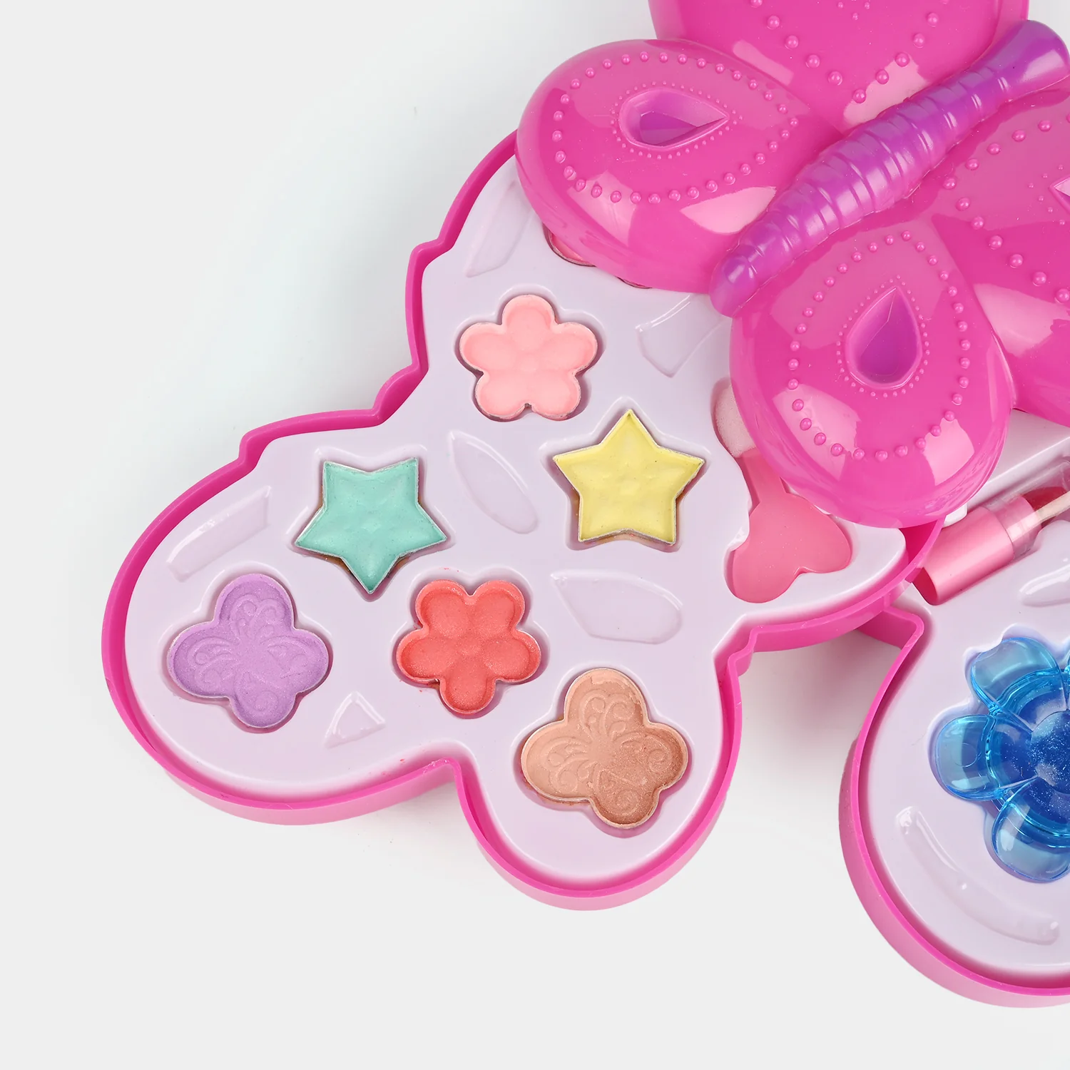 Butterfly Makeup Case open view - flower, star and butterfly eyeshadows and lip gloss