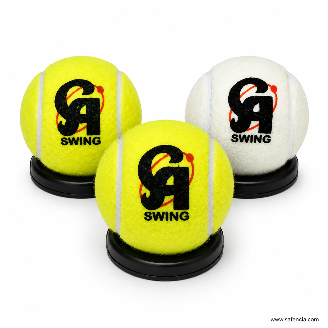 CA Swing tennis balls showing the yellow and white colour options side by side