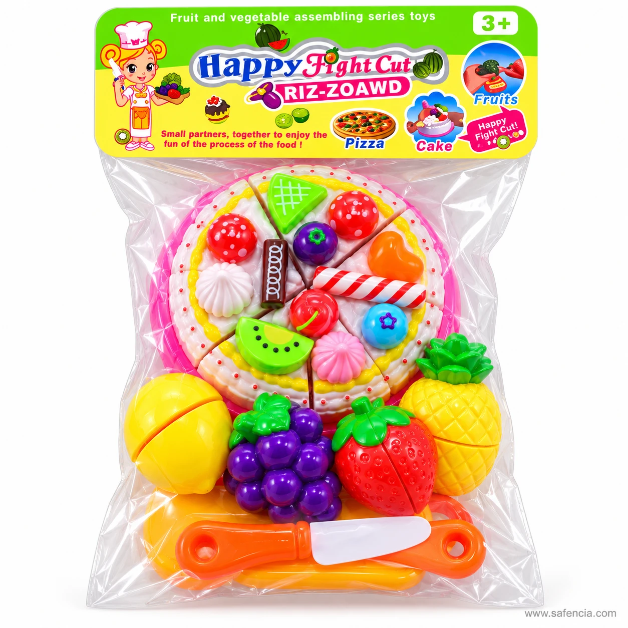 Cake and fruit cutting toy set packed in its clear bag with a printed header card marked 3+