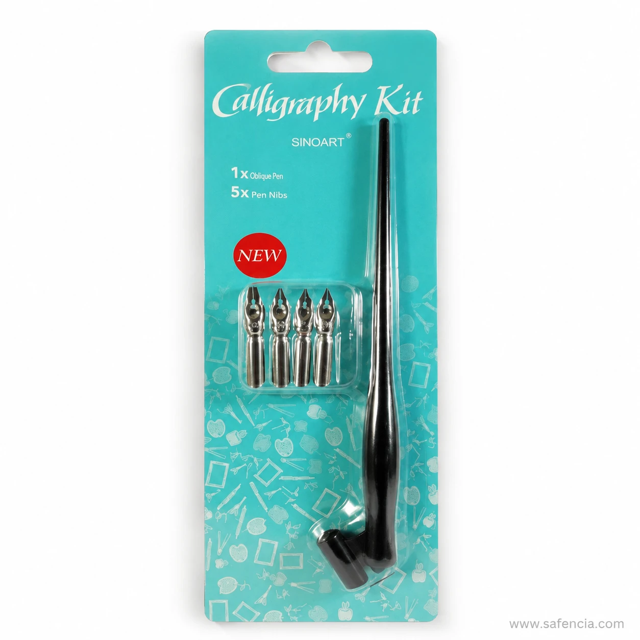 Close view of the SINOART calligraphy kit card showing the printed contents line reading one oblique pen and five nibs
