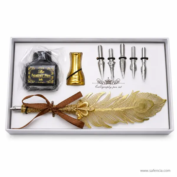 Golden Feather Calligraphy Pen Set — 8 Pieces in a Gift Box
