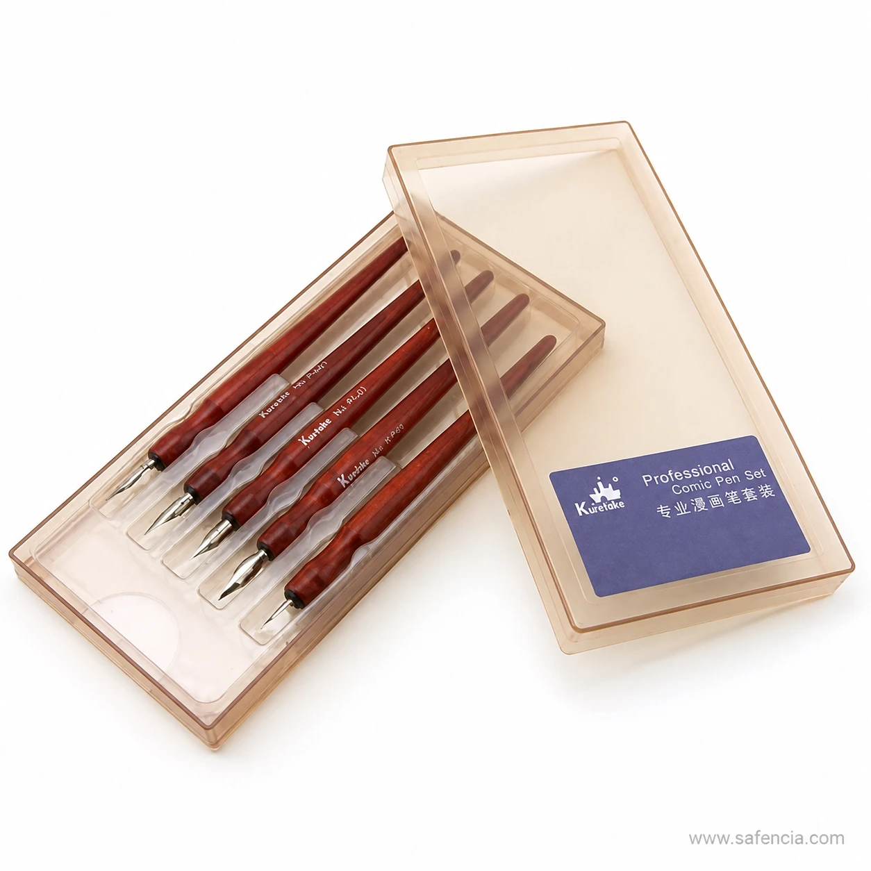 The five wooden dip pens laid in their tray showing model codes printed along the mahogany handles