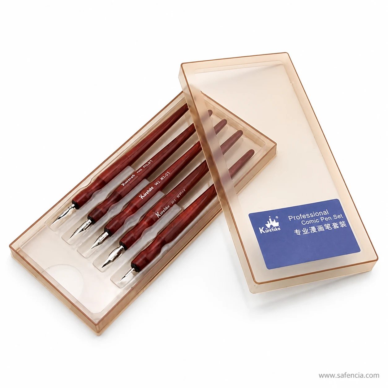 Close view of the fitted nibs on the comic pen set showing the different nib shapes and the moulded storage box