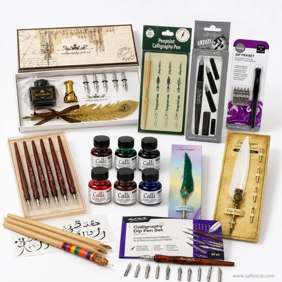 Safencia calligraphy range in Pakistan — bamboo khatati qalams and cut Urdu practice sheets, boxed gift pen sets, feather dip pens, Kuelox wooden comic pens, Calli ink bottles and Cretacolor, Mont Marte and Daler-Rowney nib sets