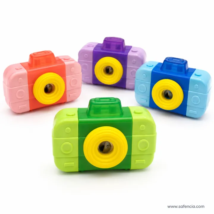 Camera-shaped eraser and sharpener units in pink, purple, blue and green