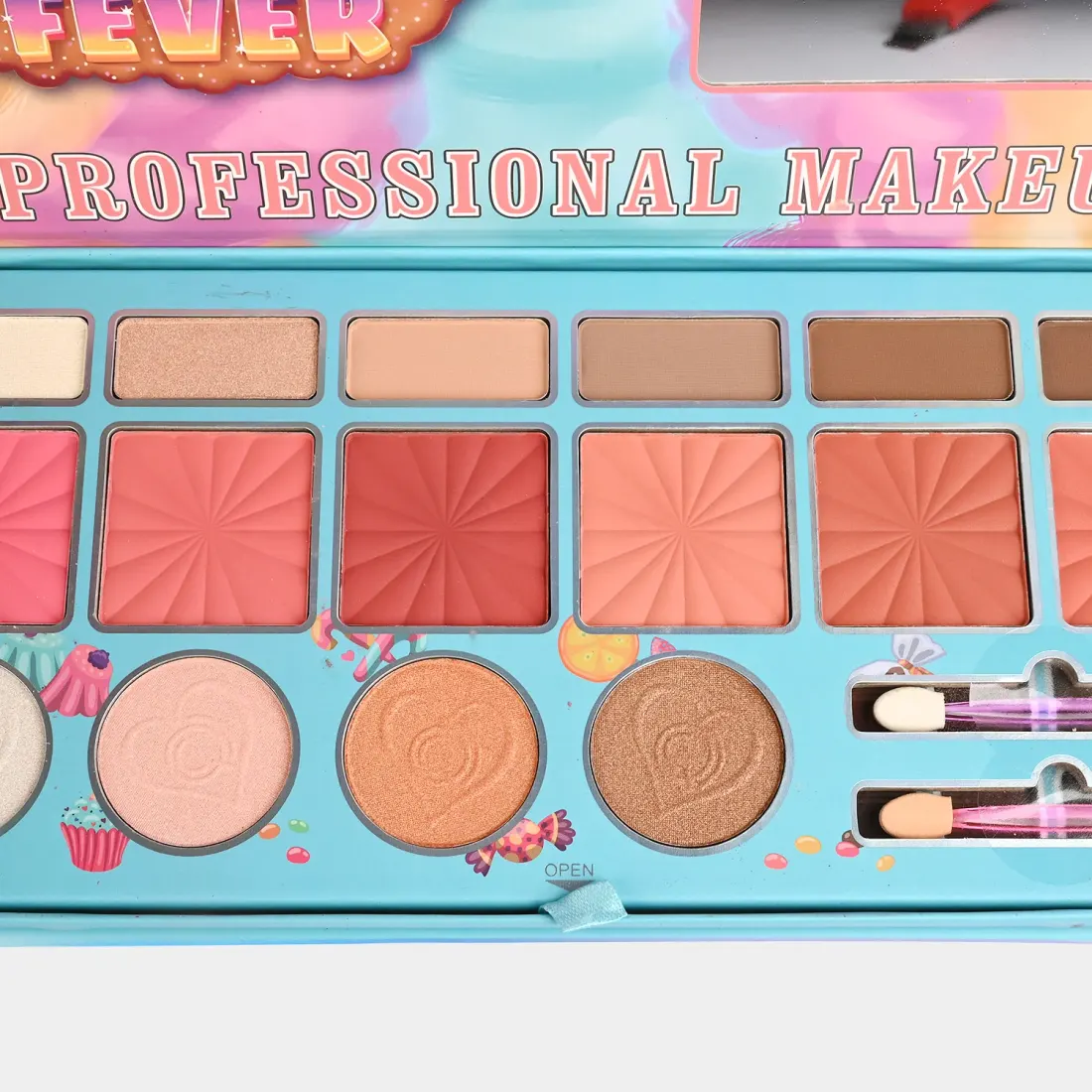 Candy Fever Eye & Face Makeup Palette open view - eyeshadows, blushes, highlighters and brushes
