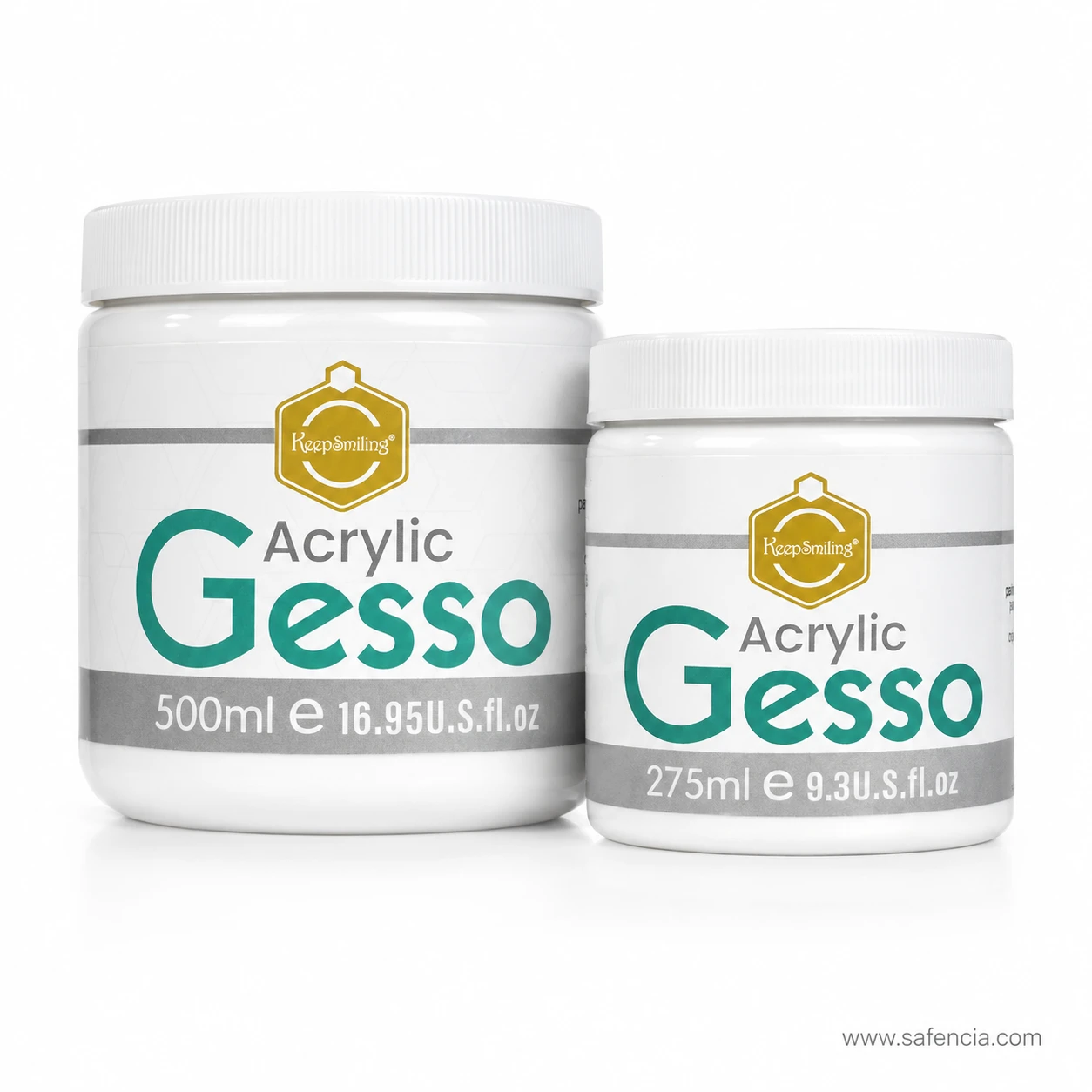 Keep Smiling acrylic gesso 275ml and 500ml jars shown together side by side