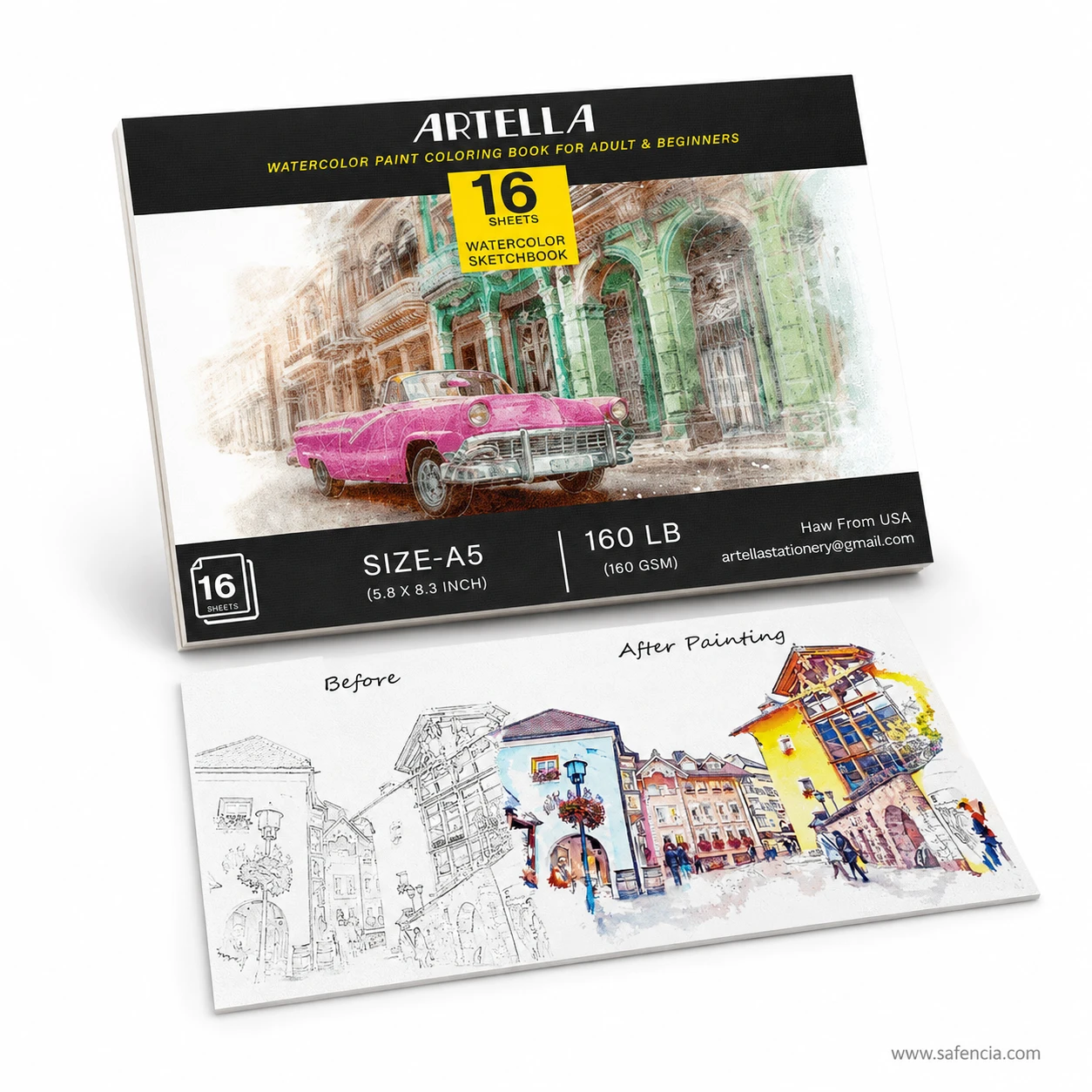 Artella A5 watercolor coloring book showing before line art and after painting result