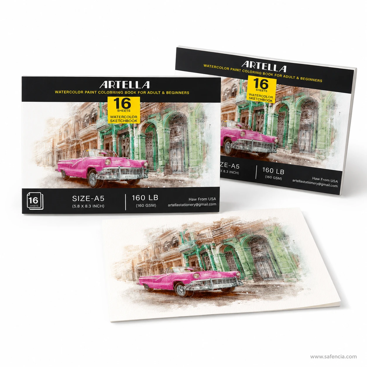 Artella A5 watercolor sketchbook lineup with printed cover and sample painted sheet