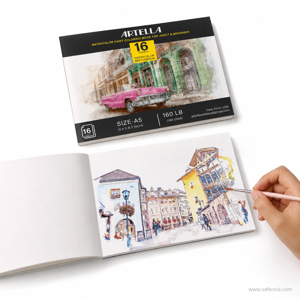 Hand applying watercolor paint with fine brush on Artella A5 coloring page