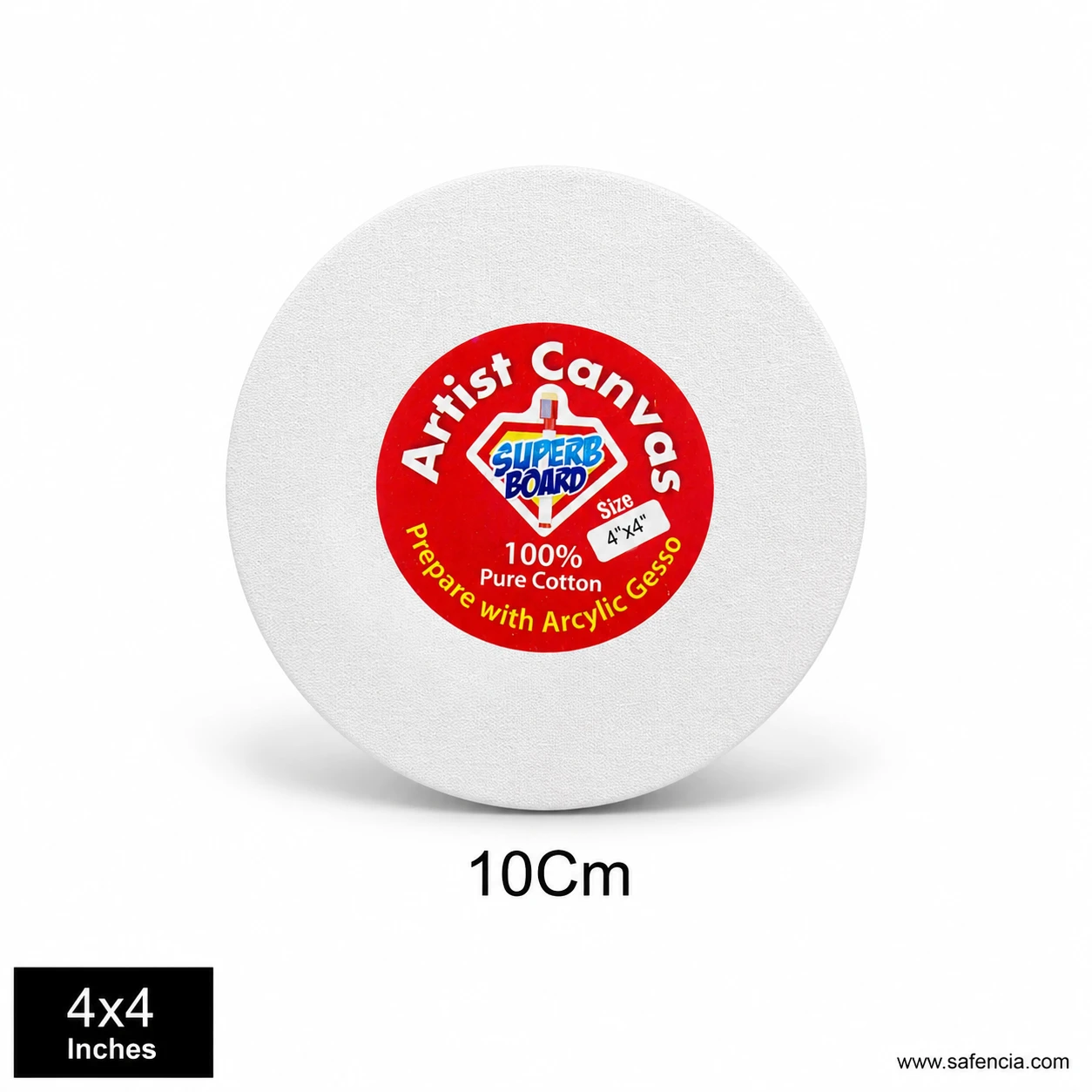 Artist round canvas board showing 100% pure cotton gesso primed label