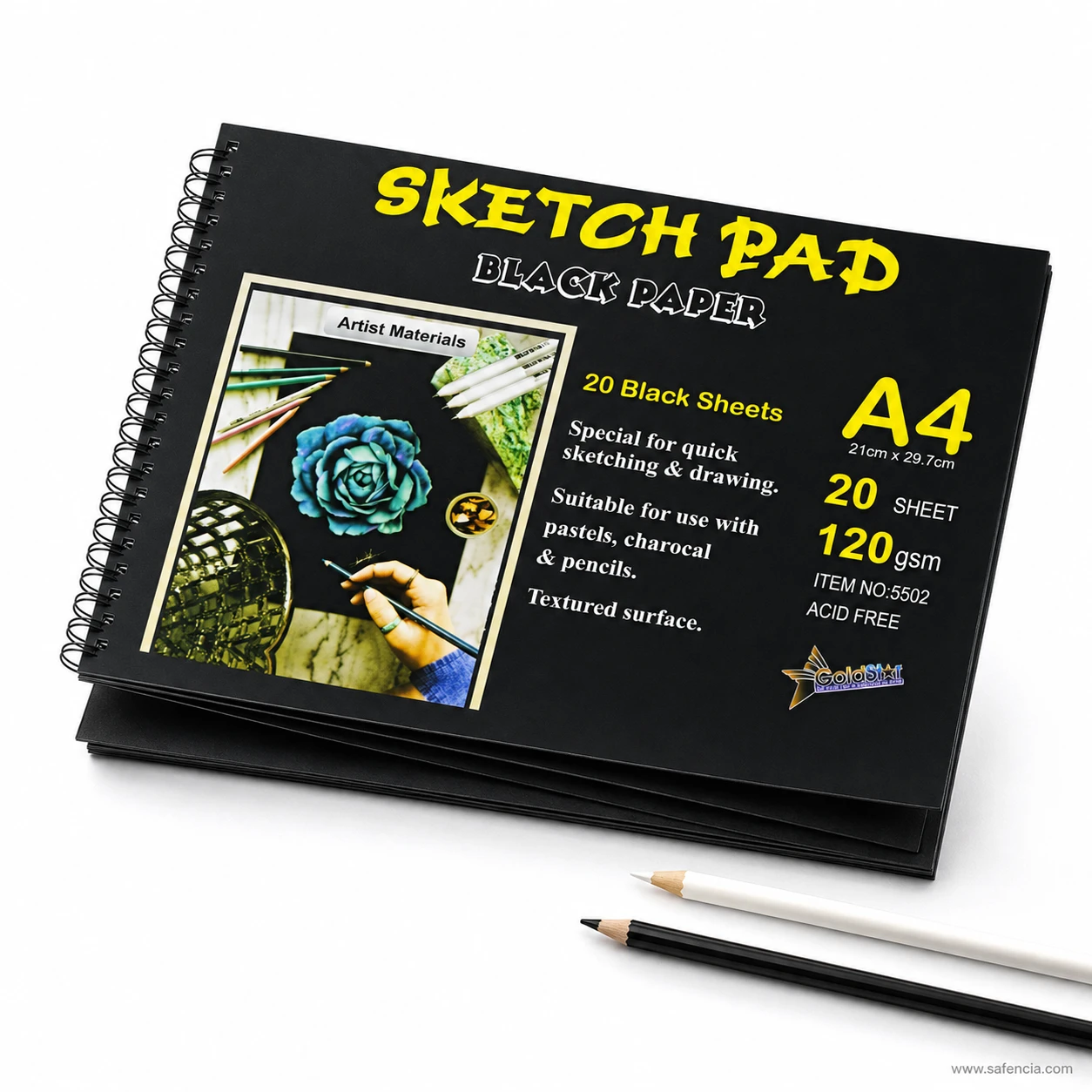 Black paper artist sketchpad showing durable wire-o double spiral binding