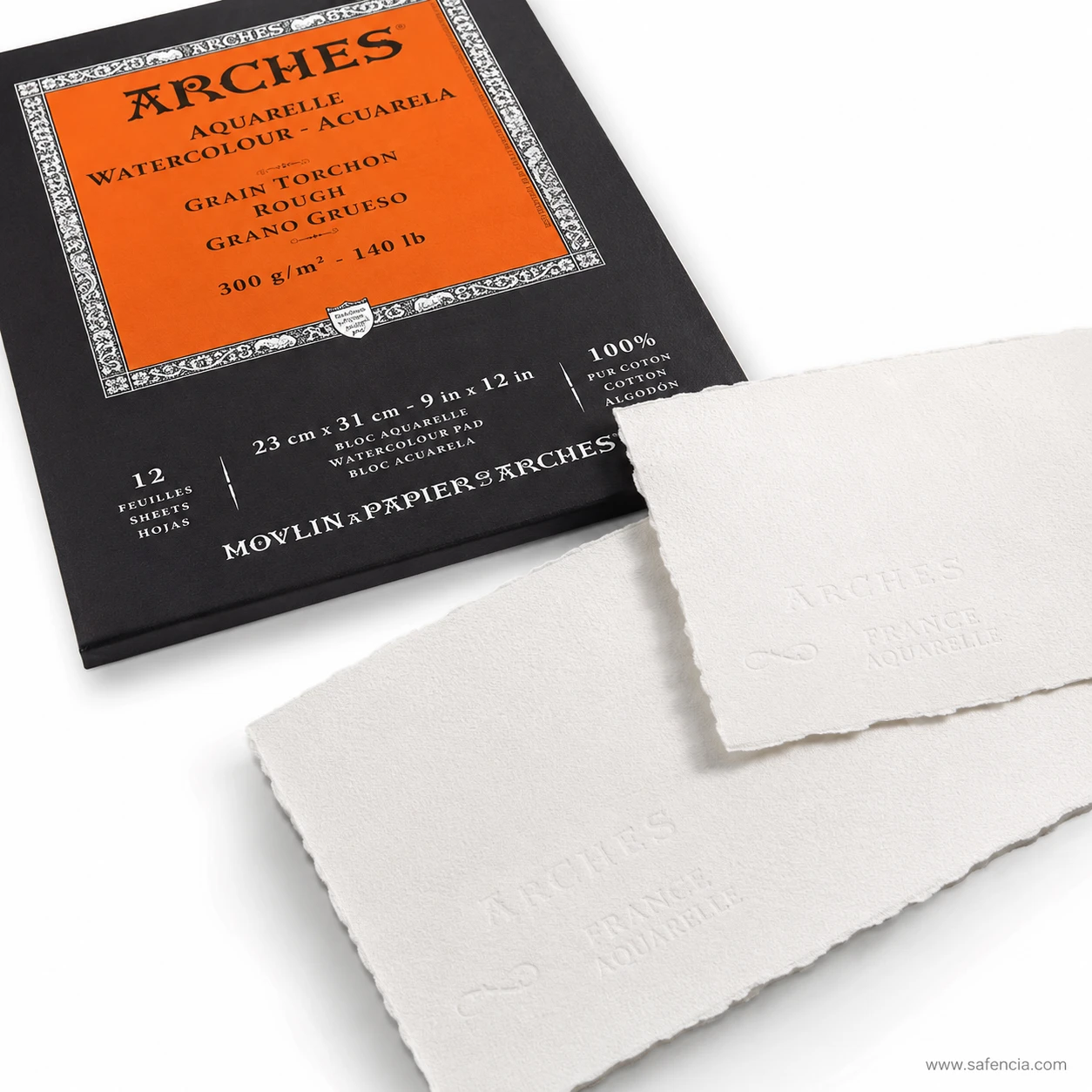 Canson Arches rough grain texture closeup with authentic deckle edge and watermark