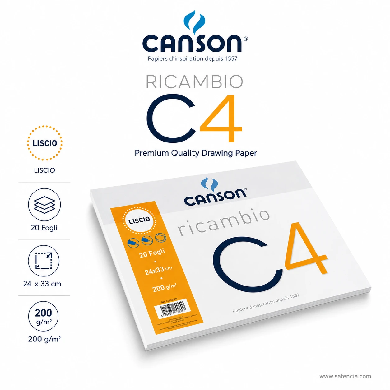 Canson Ricambio C4 paper pad specifications showing 20 Fogli 200gsm and 24x33cm