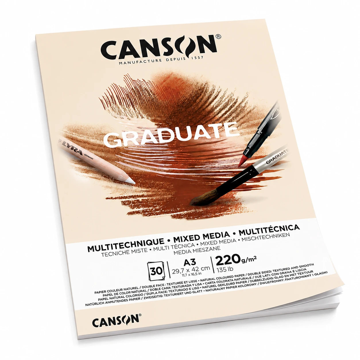 Perspective view of Canson Graduate yellow ochre mixed media pad