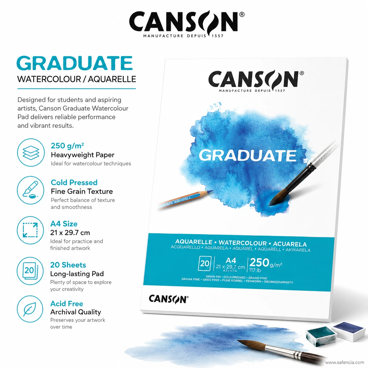 Canson Graduate watercolor pad features: 250gsm, cold pressed, A4 size, 20 sheets, acid free