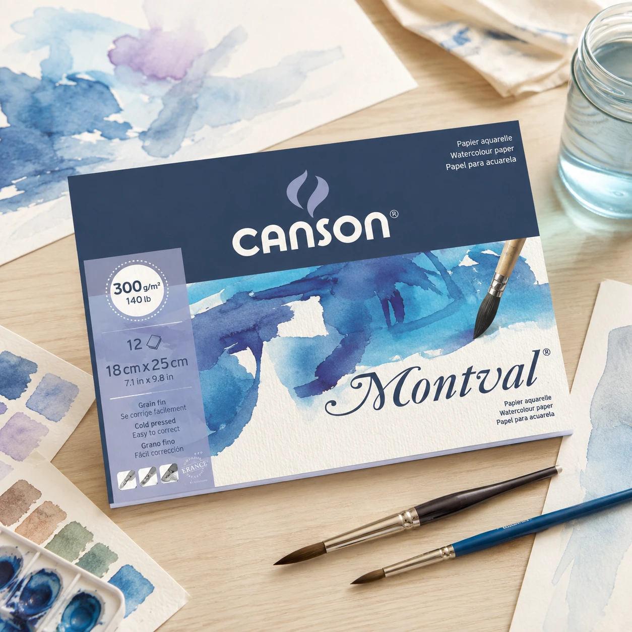 Watercolor painting wash and brushes on Canson Montval 300gsm paper