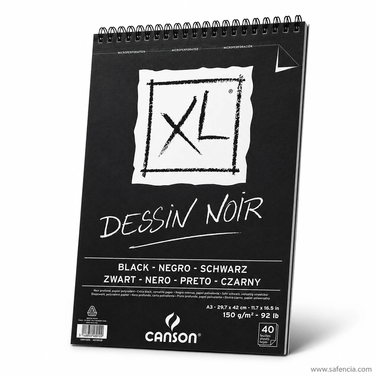 Perspective view of Canson XL Dessin Noir black paper spiral pad