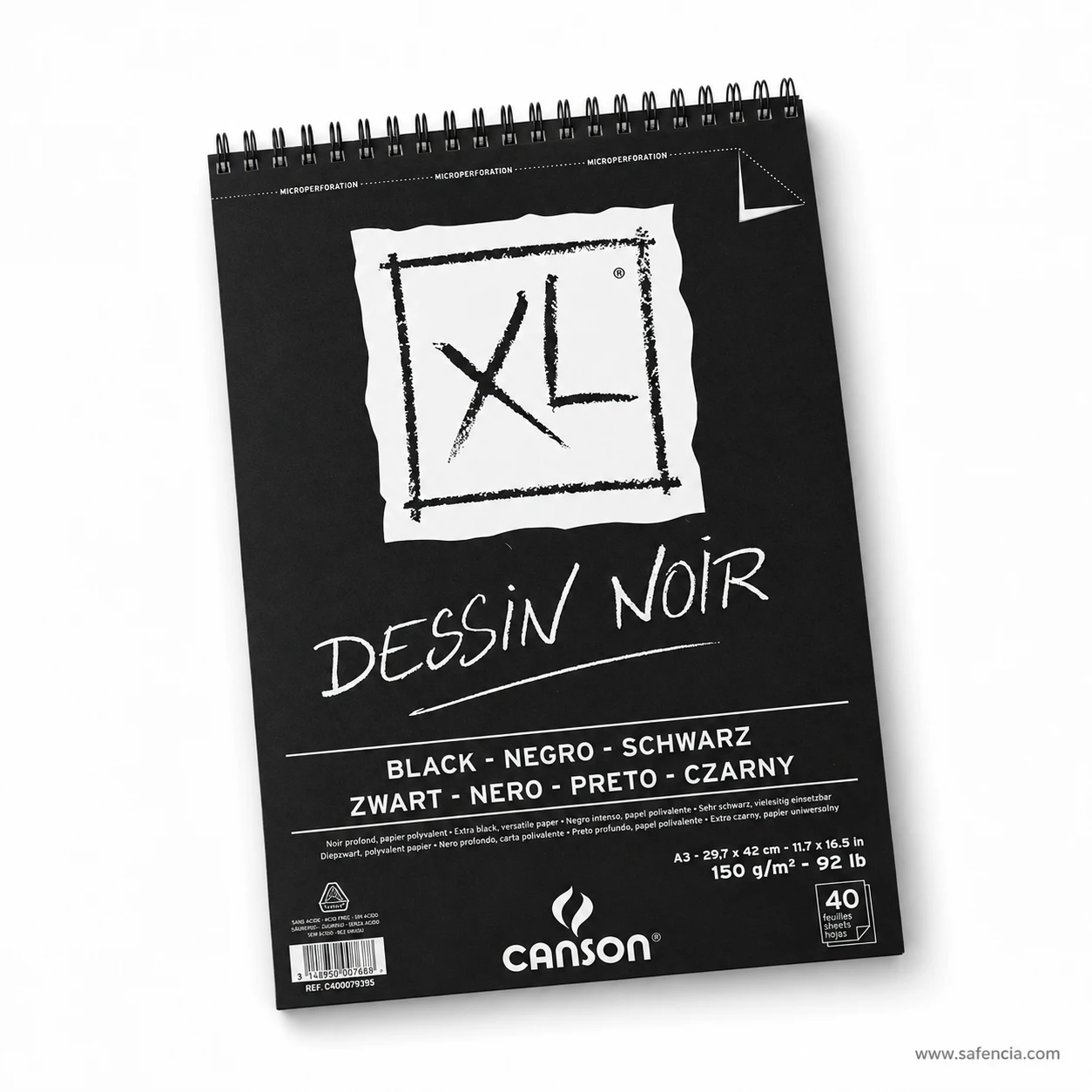 Angled studio view of Canson XL Dessin Noir black paper pad