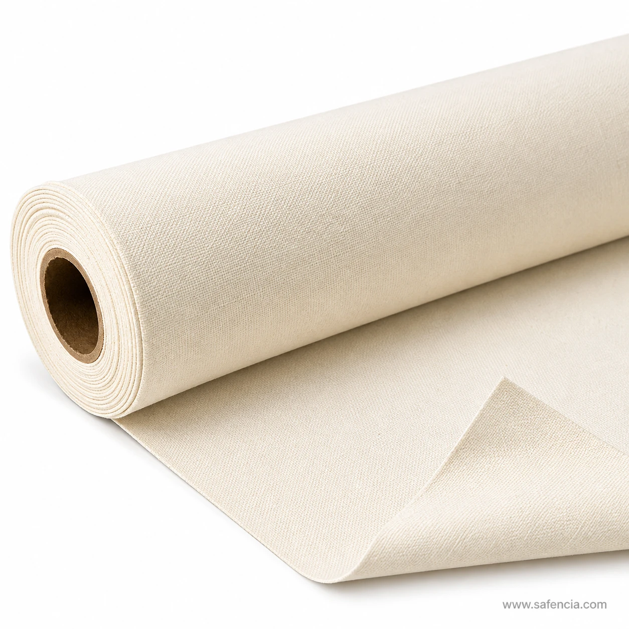 Perspective view of off-white primed cotton canvas fabric roll