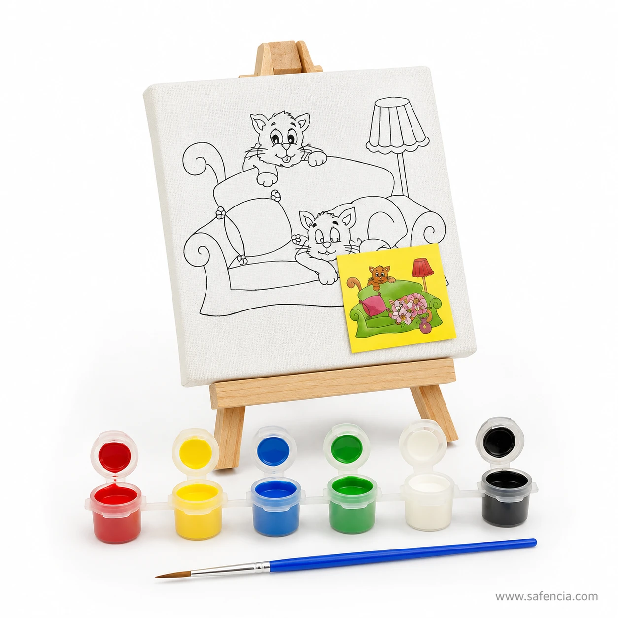Complete mini kitten canvas art set with brush paints and wooden easel stand