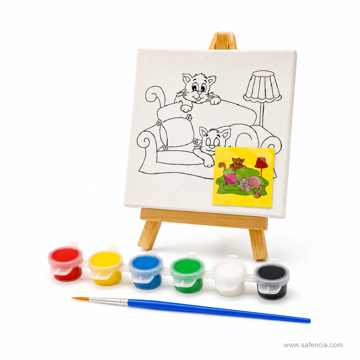 Angled view of 4x4 inch cat sofa canvas painting kit with color guide