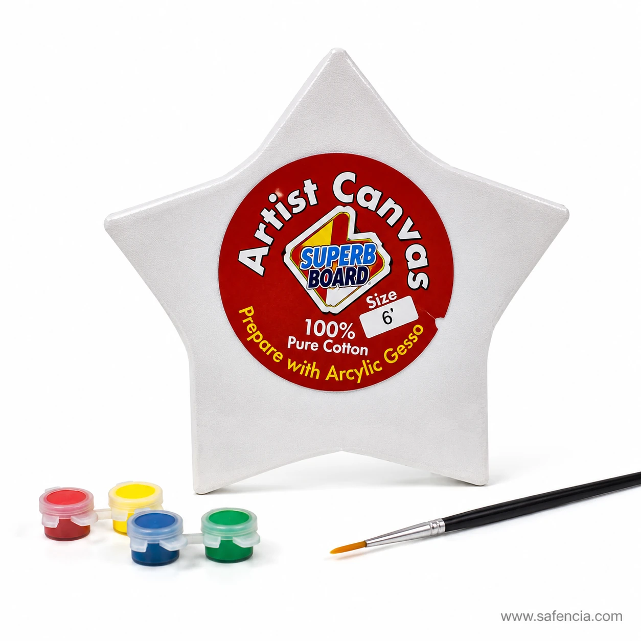 Star shaped canvas board with colorful acrylic paint pots and detail brush