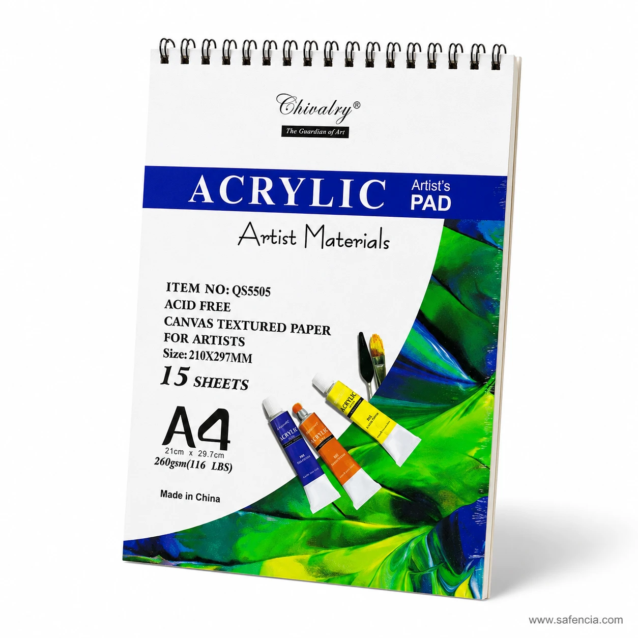 Angled standing view of Chivalry artist acrylic pad with top wire-o spiral