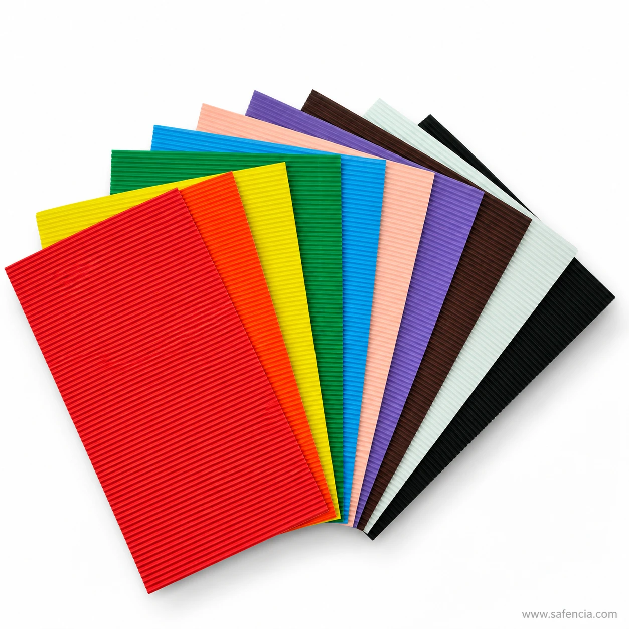 Fanned spectrum of 10 color corrugated craft paper sheets A4