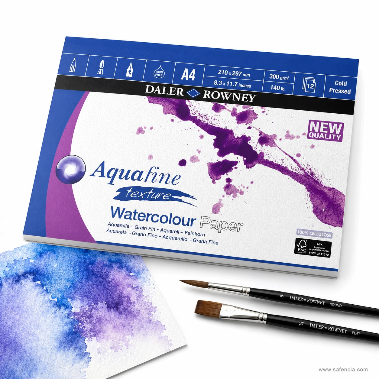Daler Rowney Aquafine watercolor pad presented with studio brushes and watercolor wash swatch