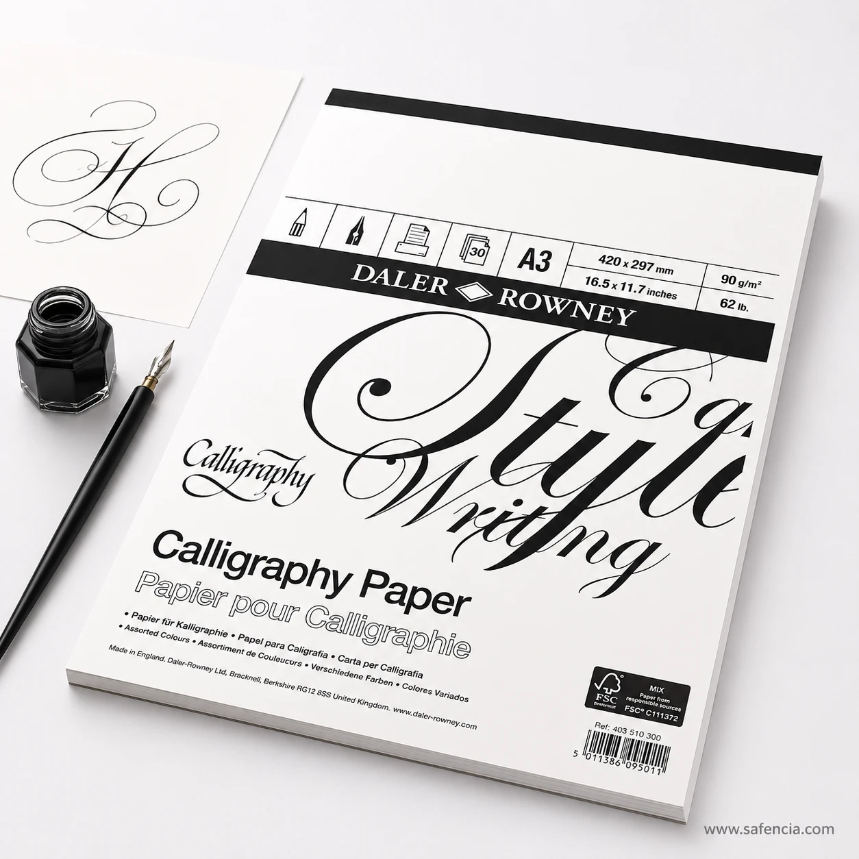 Daler Rowney A3 calligraphy paper pad displayed with black ink bottle and dip pen
