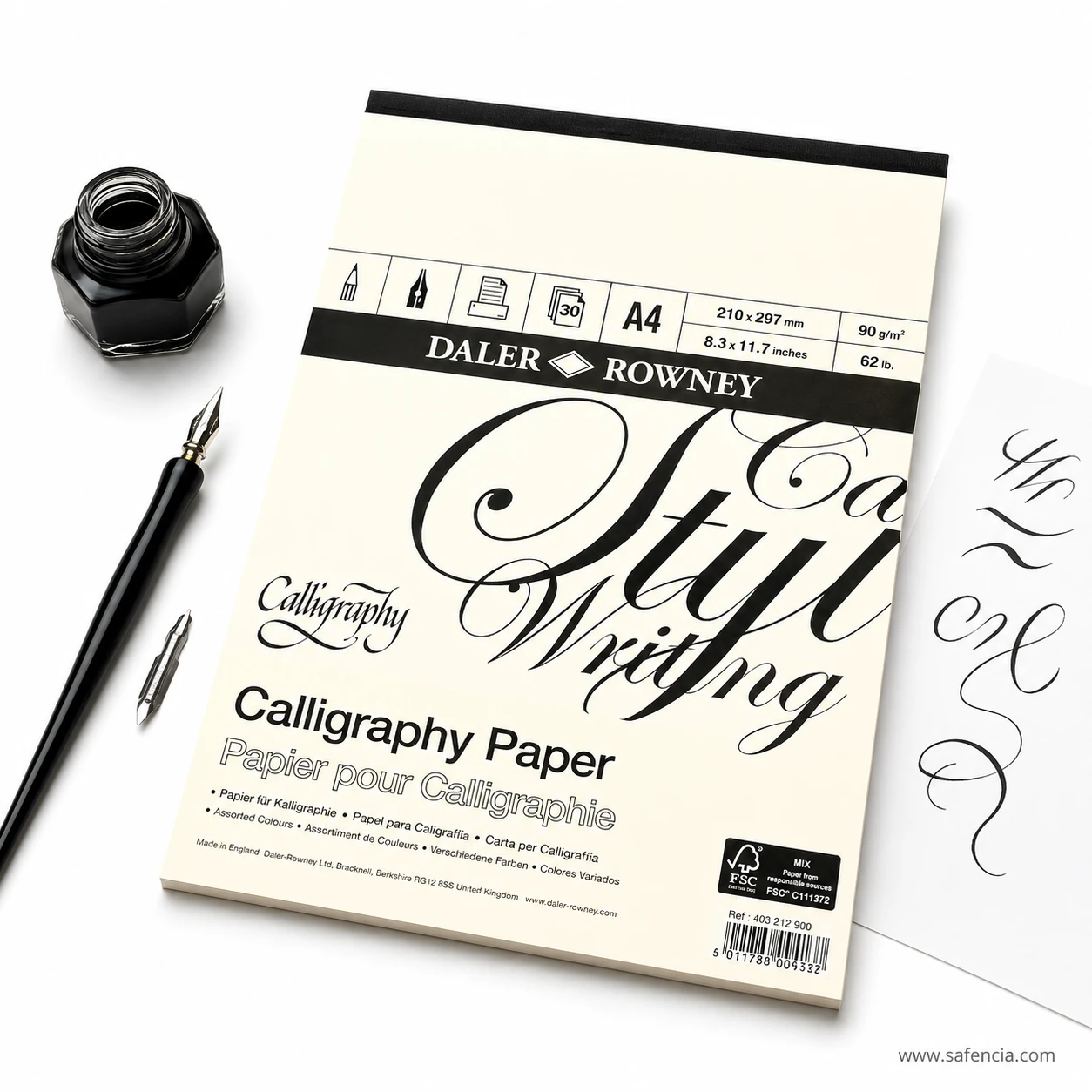 Daler Rowney A4 calligraphy paper pad styled on clean artist studio workstation