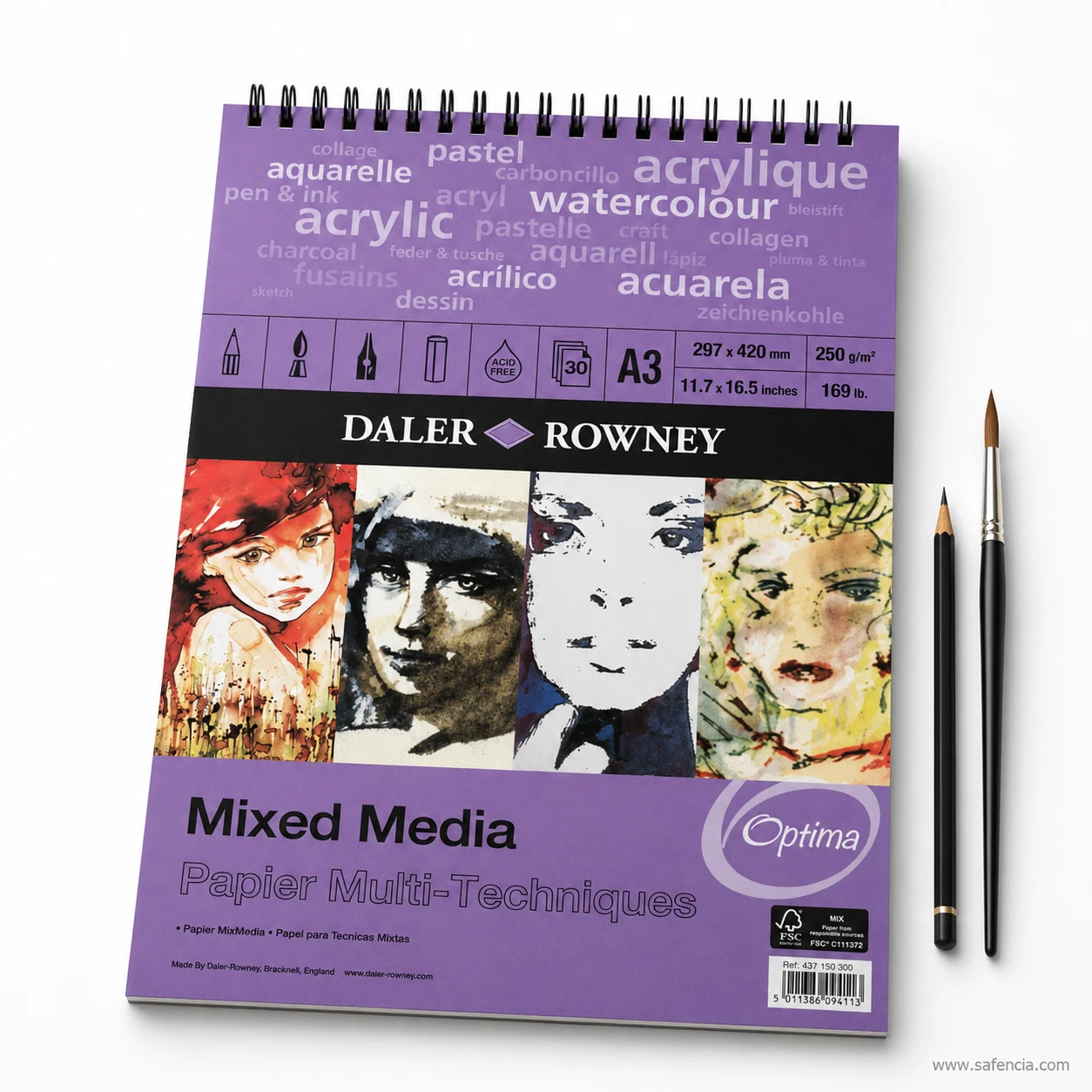 Daler Rowney Optima A3 mixed media spiral pad with artist brush and drawing pencil