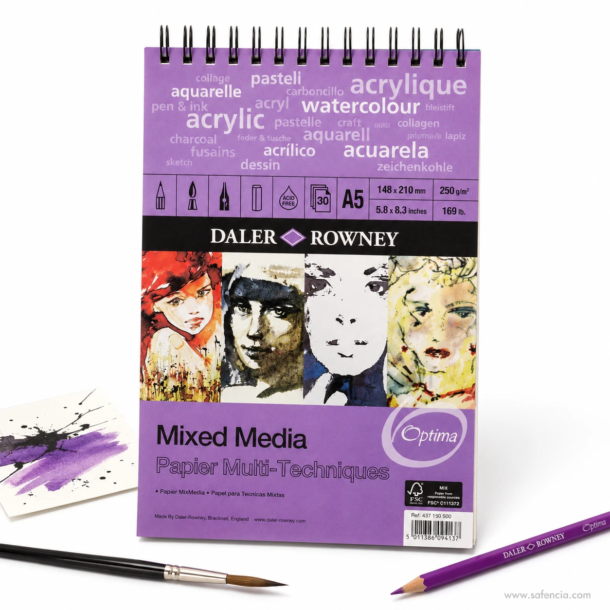 Daler Rowney Optima A5 mixed media spiral pad shown with colored pencil and watercolor swatch