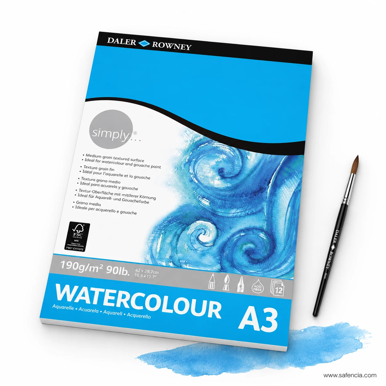 Daler Rowney Simply A3 watercolor pad shown with artist painting brush and blue watercolor wash
