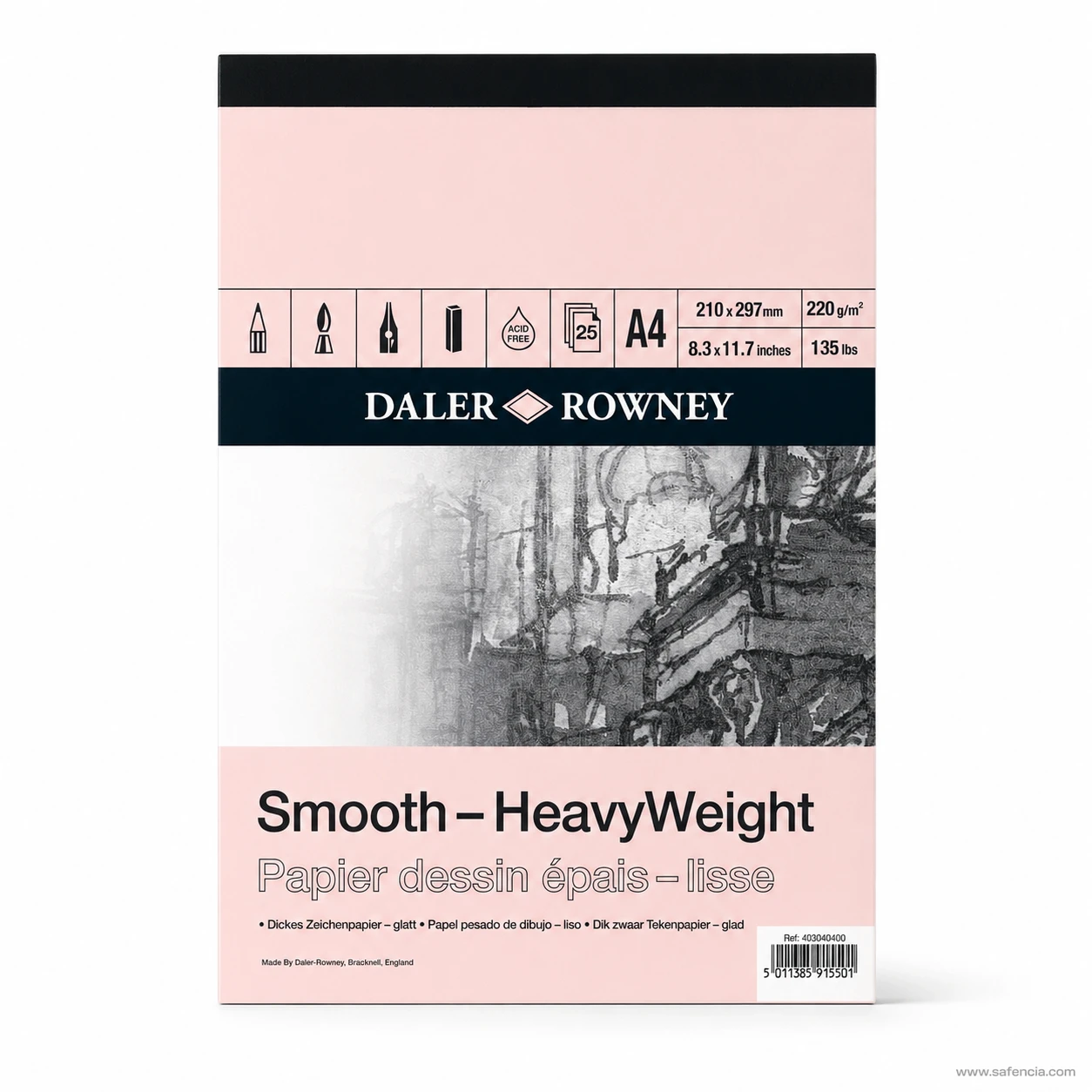 Front of the Daler-Rowney Smooth HeavyWeight A4 pad, marked 220 gsm and 25 sheets