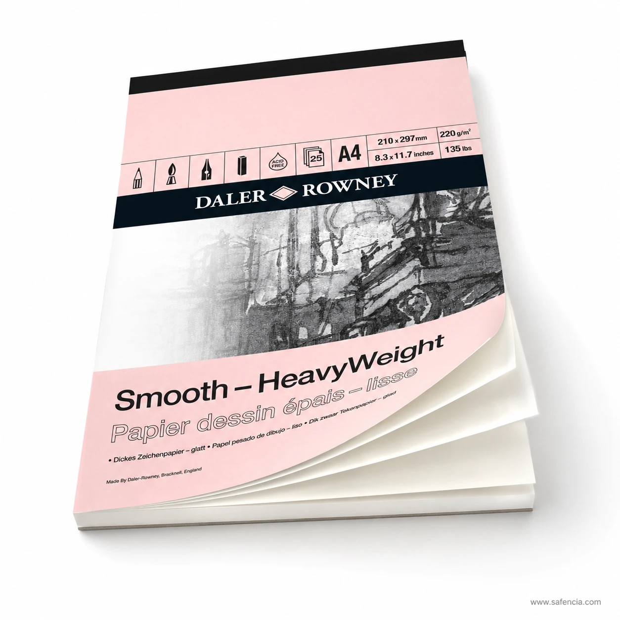 Daler Rowney smooth heavyweight drawing pad with open fanned sheets showing thickness