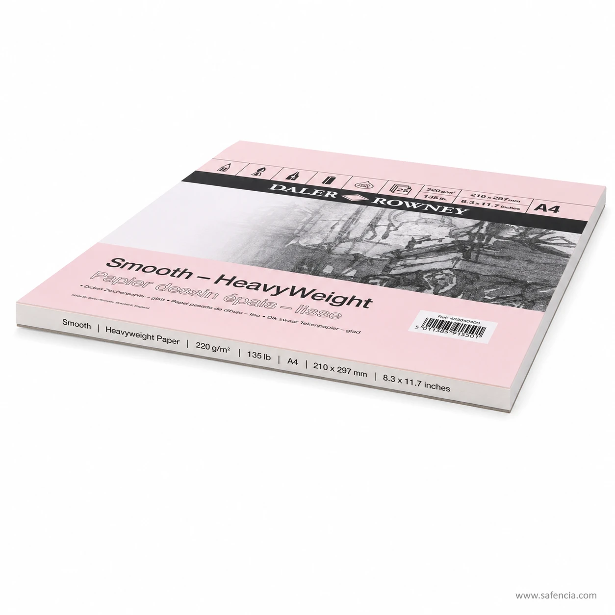 The pad lying flat with its spine strip printed with the paper weight and A4 size
