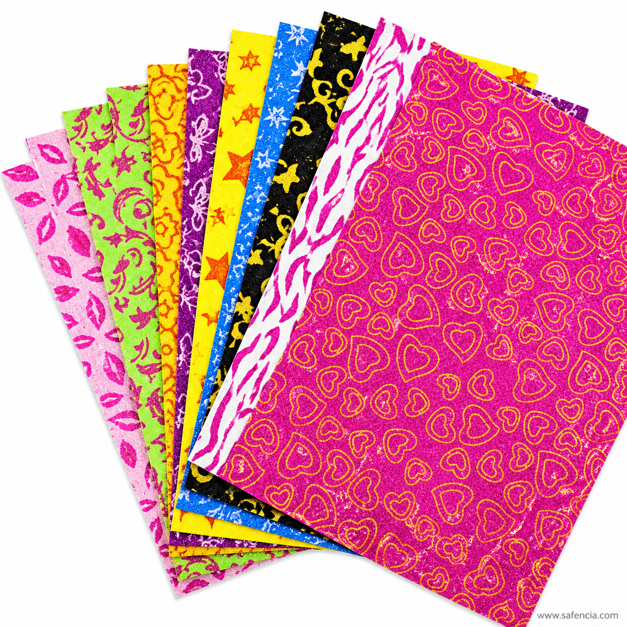 Assorted embossed glitter foam patterns including hearts zebra stripes and stars