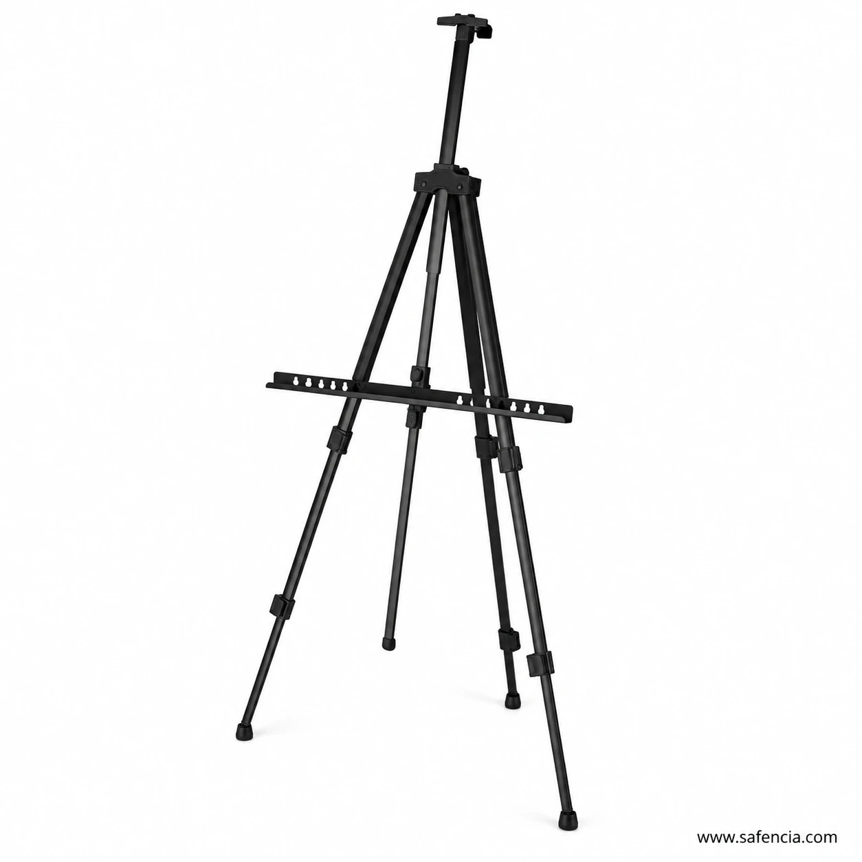 Angled perspective of metal studio easel showing tripod leg locks and canvas clamp
