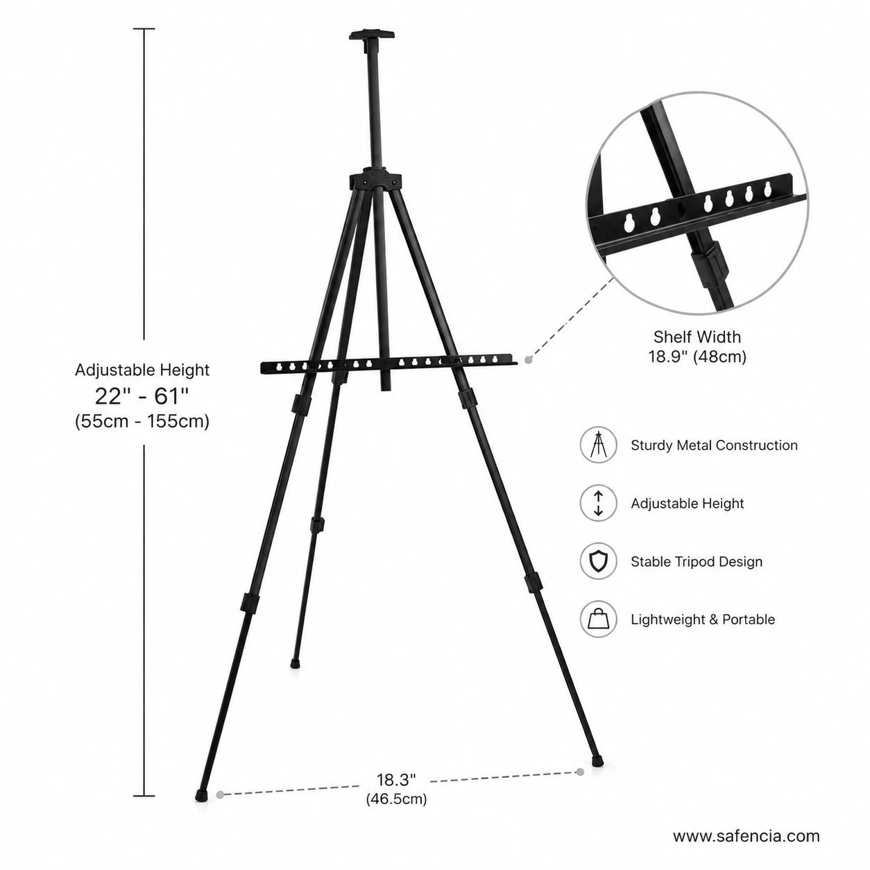 Dimension diagram of metal tripod easel showing 22 to 61 inch adjustable height