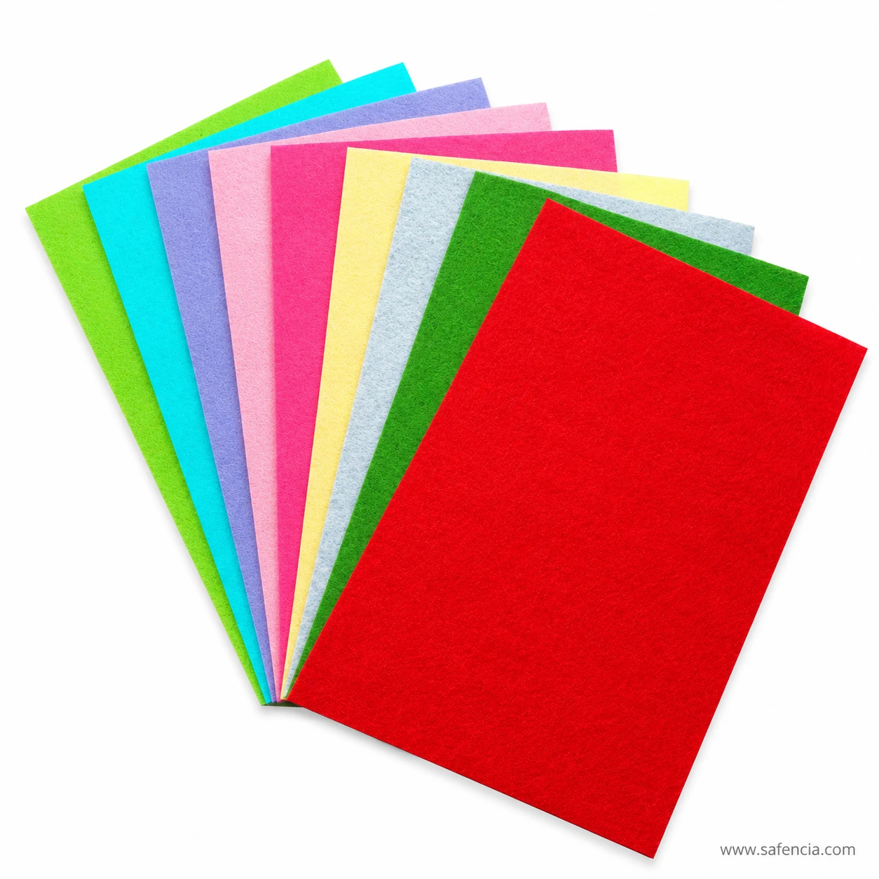 Overhead view of multi-color soft felt sheets stack showing vibrant hues